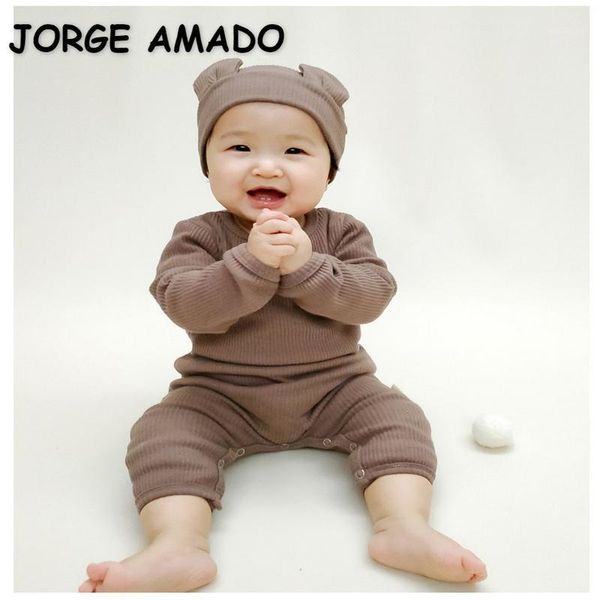 

jumpsuits 2021 autumn kids girls boys romper long sleeves candy color waffle jumpsit with headwear born outwear clothes e1339, Blue