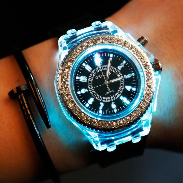 

wristwatches led flash luminous watch personality trends students lovers jellies woman men's watches 8 color light wristwatch, Slivery;brown