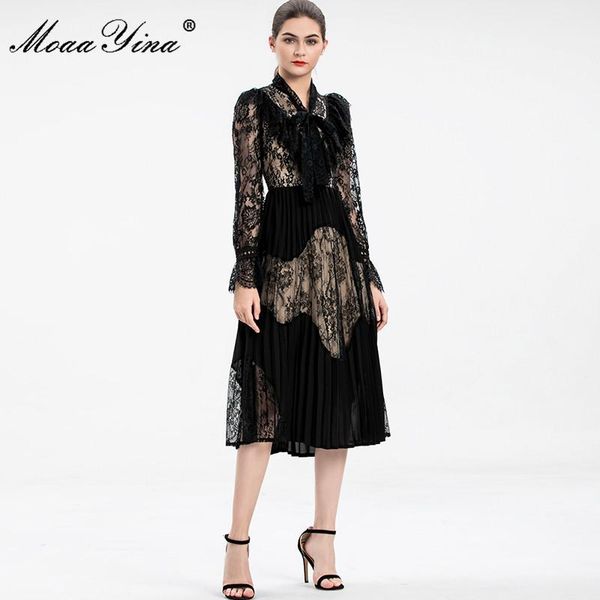 

casual dresses moaayina fashion designer dress autumn women's lace long sleeve high waist splicing vintage party black, Black;gray