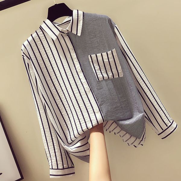 

Women's Blouses & Shirts Plus Size Women Long Sleeve Cotton Spring Fashion Turn-down Collar Striped Female Casual Tops P288 6G6D, White
