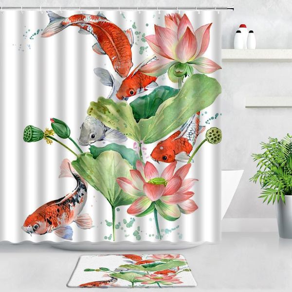 

shower curtains red koi lotus curtain set carp animal watercolor flower plant chinese style flannel bathroom carpet non-slip rug bath mat