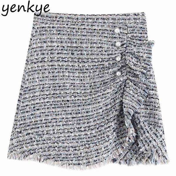 

faux pearl false buttons vintage tweed mini skirt women frayed trim a-line high waist bbwm9699 210514, Black