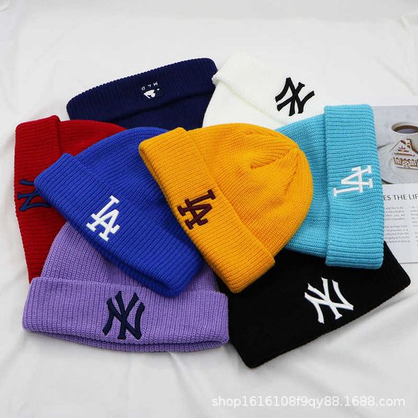 

hat female autumn and winter tide brand versatile embroidered wool hat korean yellow la knitted men's pullover warm cold, Blue;gray