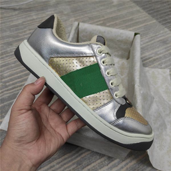 

designer luxury casual shoes dirty screener distressed sneakers men women blue red stripe rubber shoe low leather trainers with original box, Black