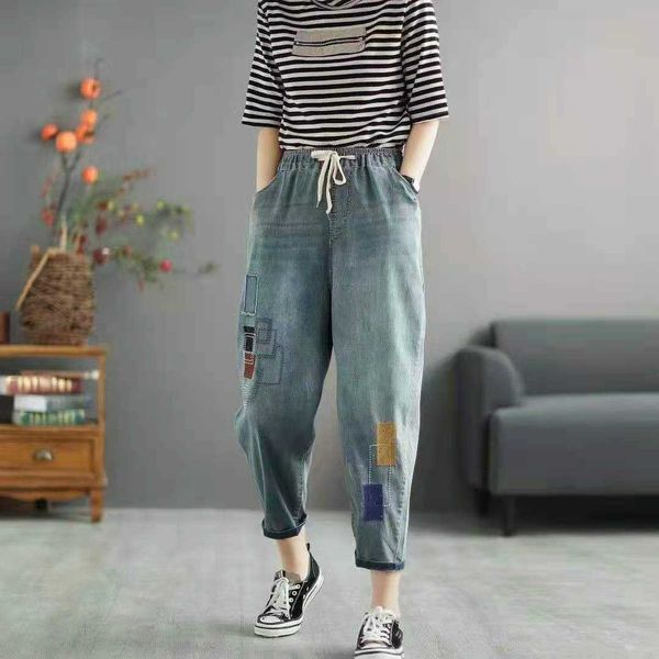 

arrival summer korean style women loose casual elastic waist harem pants all-matched embroidery cotton denim jeans w274 210608, Blue