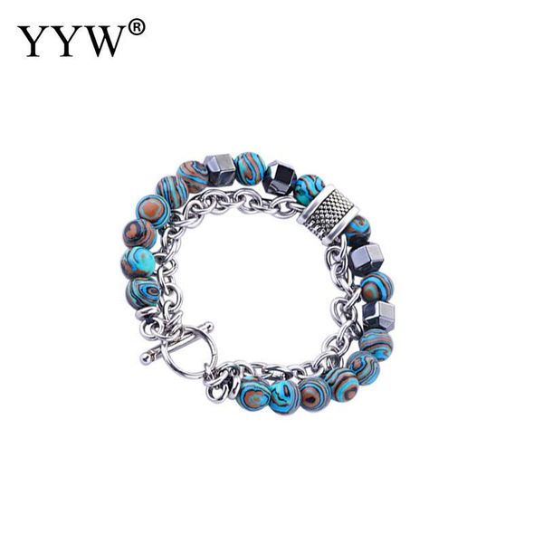 

link, chain fashion punk men stainless steel bracelet natural stone beads oval trendy wristband bangle jewelry accessories male erkek, Black