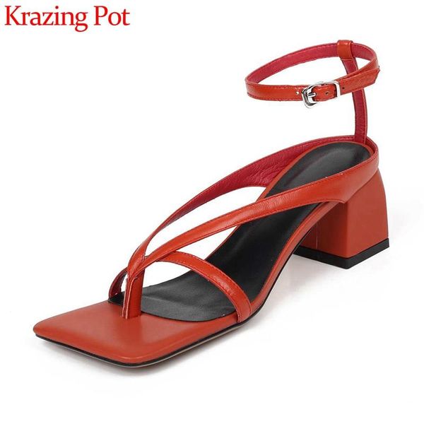 

dress shoes krazing pot 2021 summer arrival vintage sandals genuine leather peep toe flip-flop solid simple style buckle women l03, Black