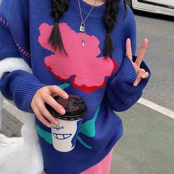 

women's sweaters korobov korean o neck long sleeve oversize pullovers japanese style chic kawaii flower knit sweater vintage jumpers ma, White;black