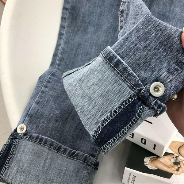 

women's jeans cuffed elastic straight tube high waist light blue slim cropped pants spring