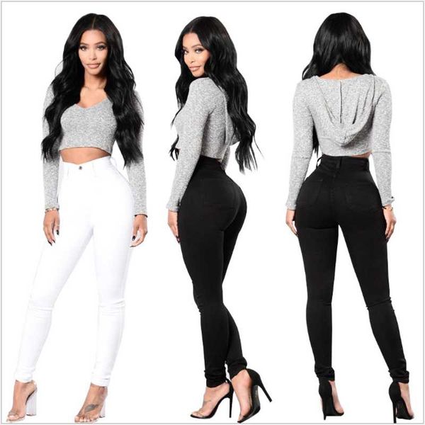 

women's pants & capris european design summer long casual slim high waist denim trousers female, Black;white