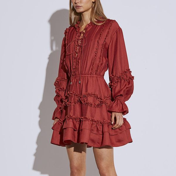 

boho red autumn patchwork ruffles bandage ruched dresses female v neck lantern long sleeve high waist dress women fashion tide, Black;gray