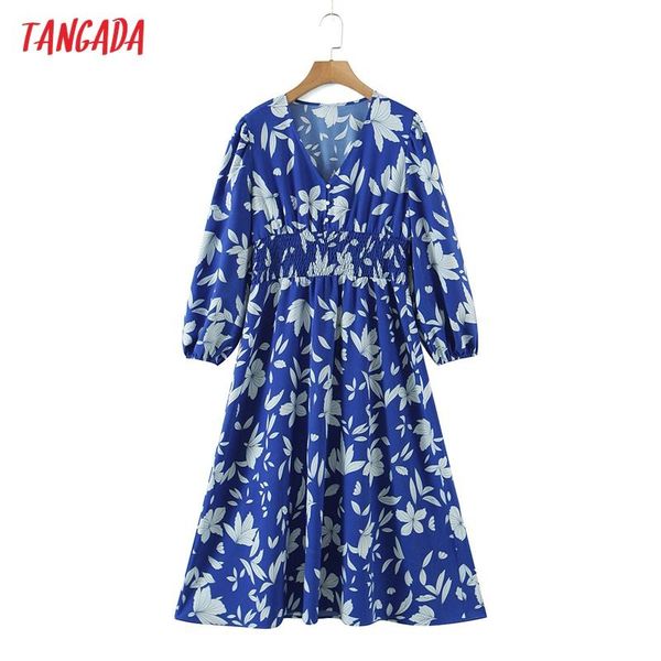 

casual dresses tangada 2021 autumn fashion women blue flowers print midi dress long sleeve office ladies elegant sl168, Black;gray