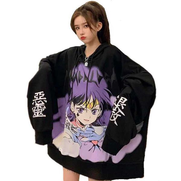 

anime hoodie women autumn kawaii drawstring hooded sweatshirt gothic cartoon print oversized plus pullovers gothic streetwear y0820, Black