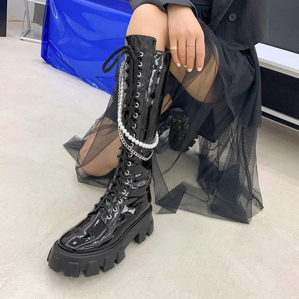 

boots osunlina 2021 fashion knight round toe 6cm high square heels pearl metal chin design comfortable chunky zip lady shoes, Black