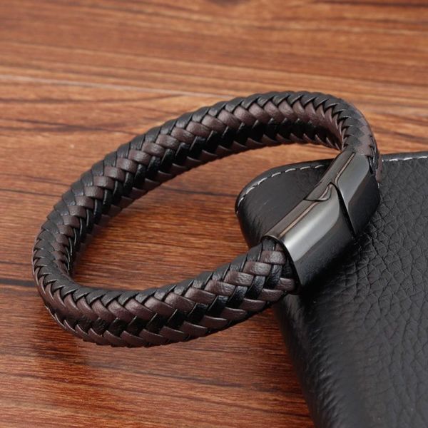 

bangle fashion men's punk stainless steel leather woven bracelet black magnetic buckle gift wristband customized logo