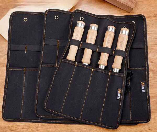 Aufbewahrungstaschen Meißel Tragetasche Leinwand Tasche Werkzeug Rollenhalter Schraubenschlüssel Beutel 4 Taschen Organizer für Messer Hämmer Gouges Carpenter JU31104