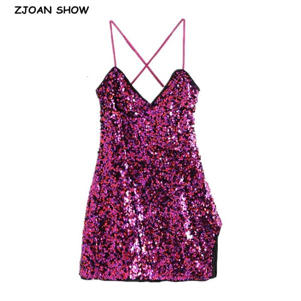 

casual dresses 2021 pink color cross spaghetti strap sequins dress women short sling backless slit party x7in, Black;gray
