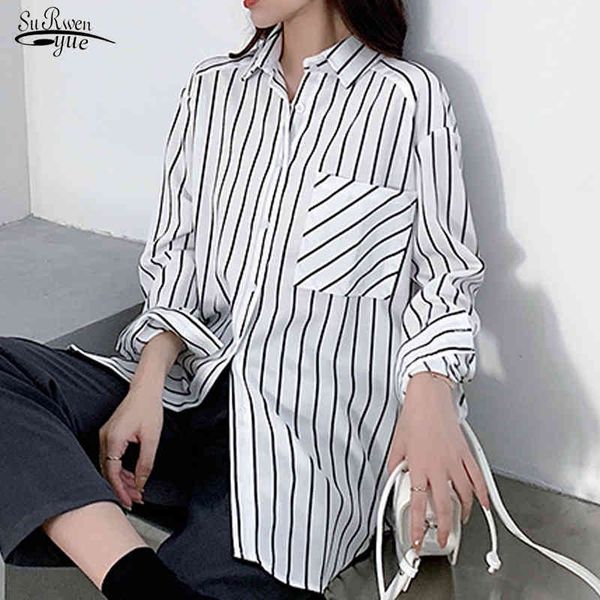 

spring autumn striped women shirt turn-down collar pocket long sleeve white blouse casual loose ladies 12574 210521