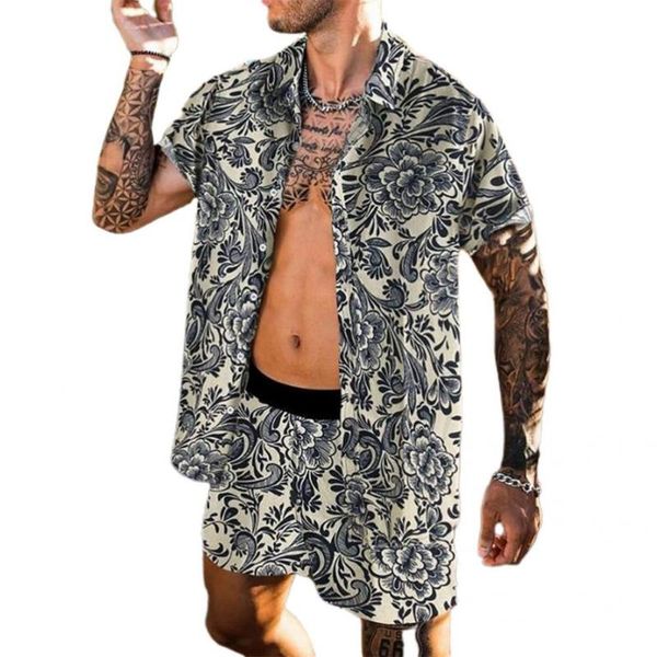 

men's tracksuits beach outfit digital print short sleeve men lapel buttons shirt shorts set thirt+beach 2 piece sets sportswear, Gray