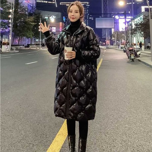 

winter women cotton padded coat casual stand neck lightweight loose zipper jackets female argyle long warm outwear 211018, Black