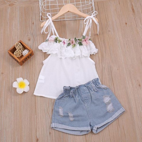 

summer girls clothes sets sleeveless ruffled neckline sling +short ripped jeans 2pcs outfits children clothing for 2-7y, White