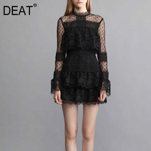 

[deat] women fashion summer round neck high waist lace long sleeve solid color temperament dress 13c471 210527, Black;gray