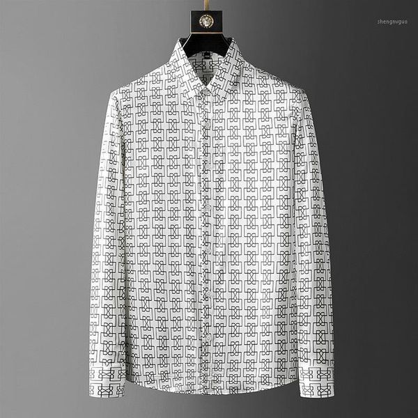 

men's dress shirts casual geometric lines fall print shirt men street fashion long sleeve for autumn korean office social party, White;black