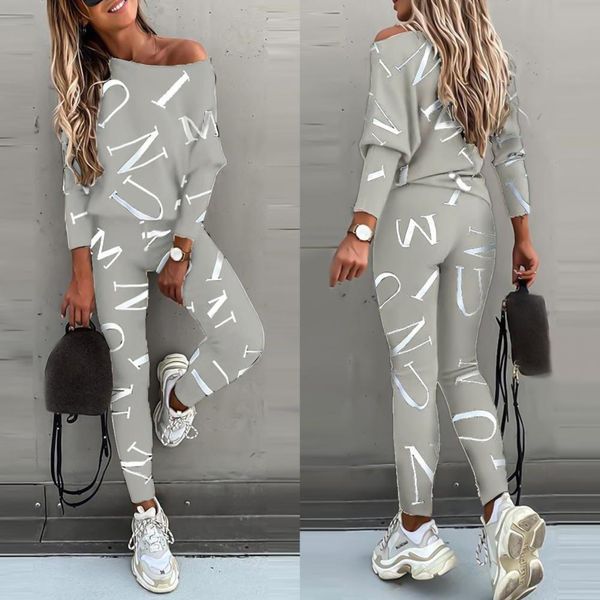 

50% long sleeve salesoutfit womens tracksuits letters print spring blouse pants tracksuit for sports, Gray