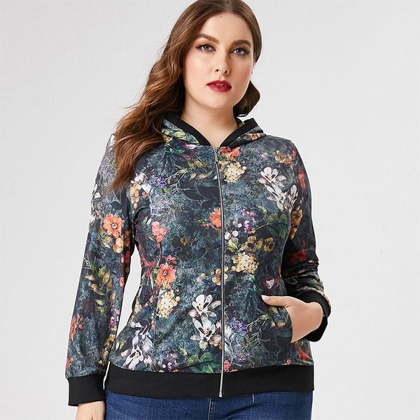 

plus size outerwear & coats 2021 fall women long sleeve hooded printed jacket fashion retro elegant mom clothes ladies loose coat, Black