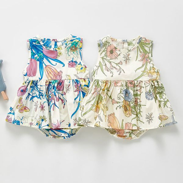 

summer cute baby girl sleeveless printing rompers kids floral born clothes 210429, Blue