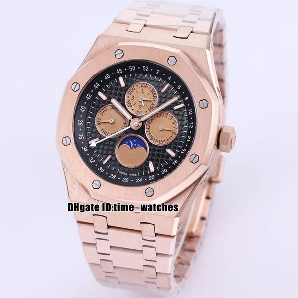 

new 41mm automatic mens watch rose gold case black dial moon phase date week stainless steel bracelet gents sport popular watches, Slivery;brown