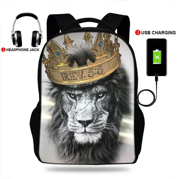 

backpack 17inch king lion print usb charge school bags students rucksack for teenager boys&girls gifts