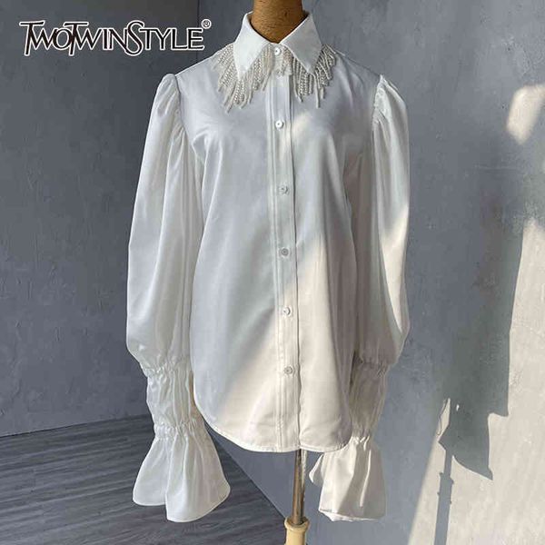

white patchwork pearl tassel shirt for women lapel flare long sleeve casual blouse female fashion clothing 210423