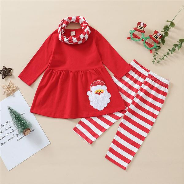 

clothing sets toddler girl christmas clothes santa claus embroidery wide hem +striped trousers+scarf baby set, White