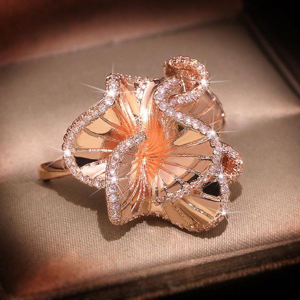 

cluster rings luxury zircon camellia flower wedding rose gold shiny solid fashion women engagement finger ring, Golden;silver