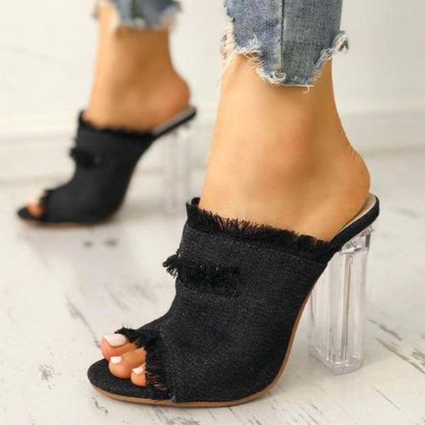 

dress shoes doratasia ins fashion denim mules slip on slipper block high heels women summer sandals pumps, Black