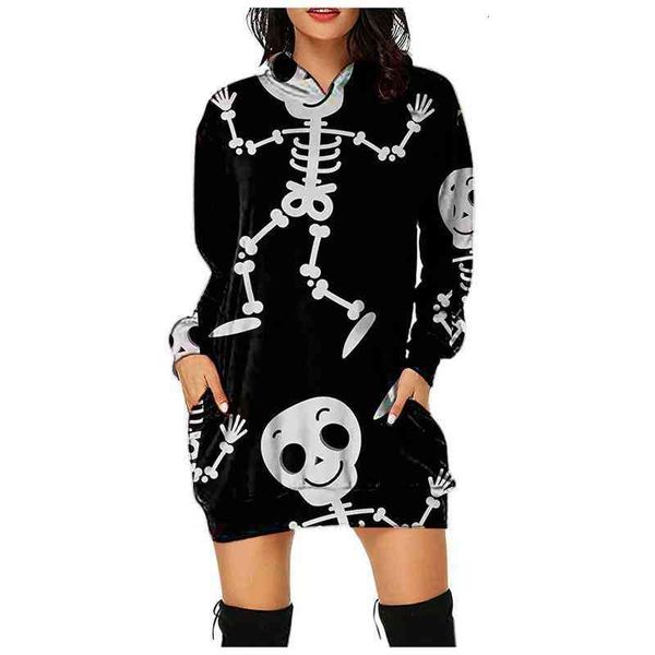 

women's hoodies & sweatshirts printed halloween 3d womens long sweater small skull hooded long-sleeved loose dress comfortable and soft, Black