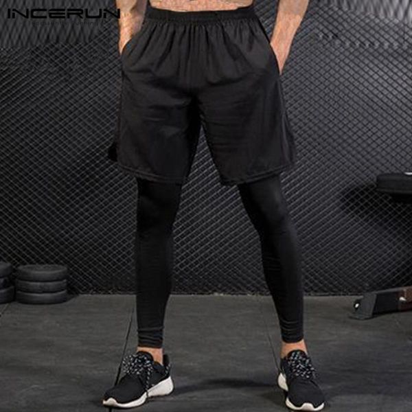 

men's pants 2021 men sweatpants joggers fitness quick dry elastic waist cozy fake two pieces trousers bodybuilding track incerun, Black