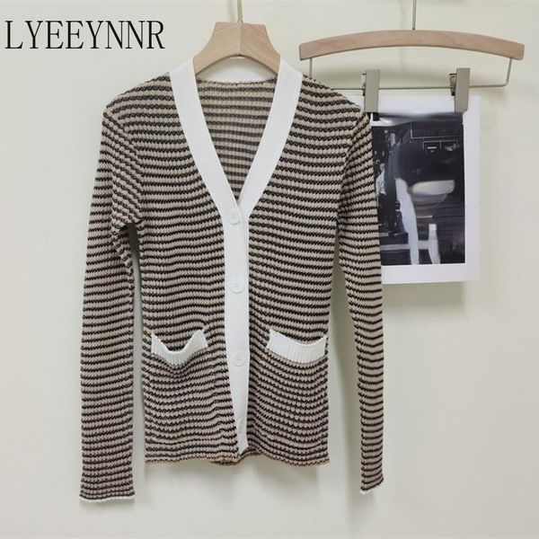 

women's knits & tees lyeeynnr long sleeve striped cardigan women contrast color single breasted knitwear v neck casual vintage sweater, White