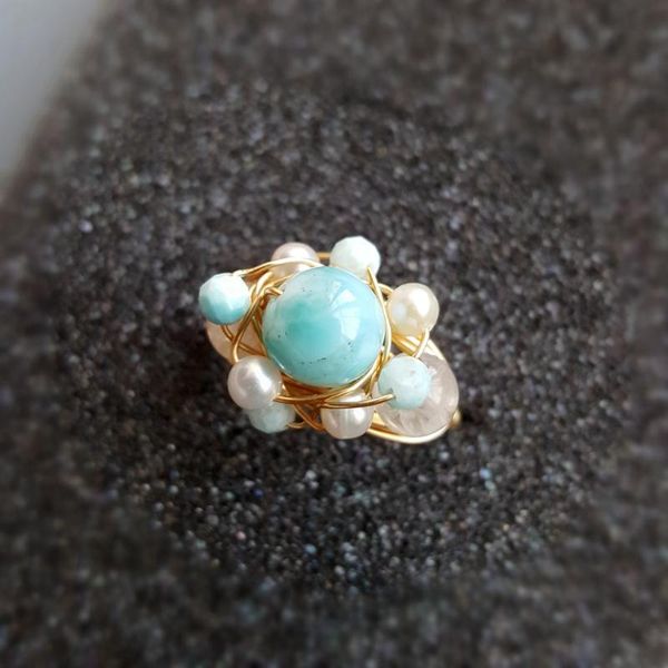 

cluster rings lii ji genuine larimar freshwater pearl moonstone gf handmade unique ring for women jewelry, Golden;silver