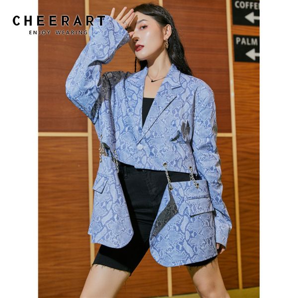 Snake Print Blue Женщины Blazer Невыплата Осень Куртка и Пальто Мода Портная Пальто Костюм Однонародный Кнопка Уличная одежда 210427