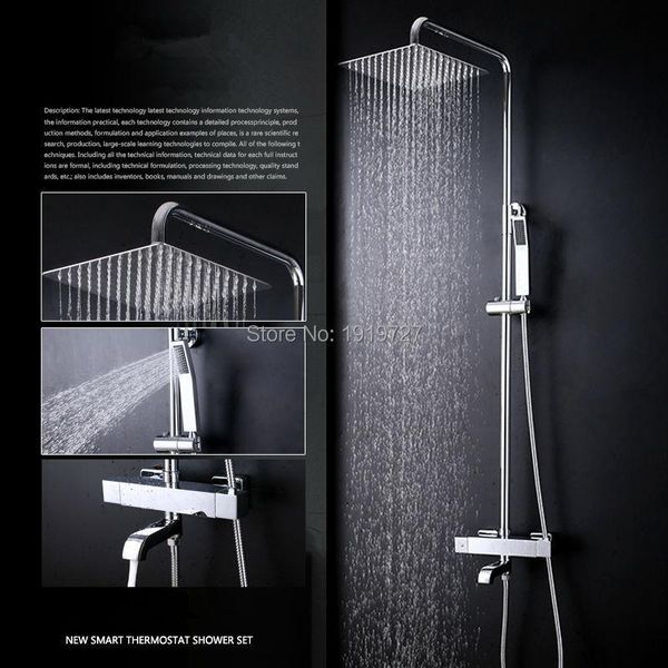 

100% solid brass factory direct wall mounted chrome square style bathtub thermostatic mixer faucet set handheld shower bathroom sets