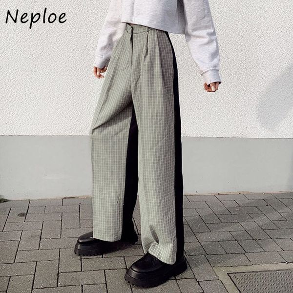 

autumn special features plaid patchwork contrast color high wasit loose casual straight pants women trousers 210430, Black;white
