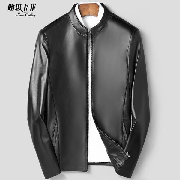 

leather jacket for young men's stand collar handsome sheepskin motorcycle short slim & faux, Black