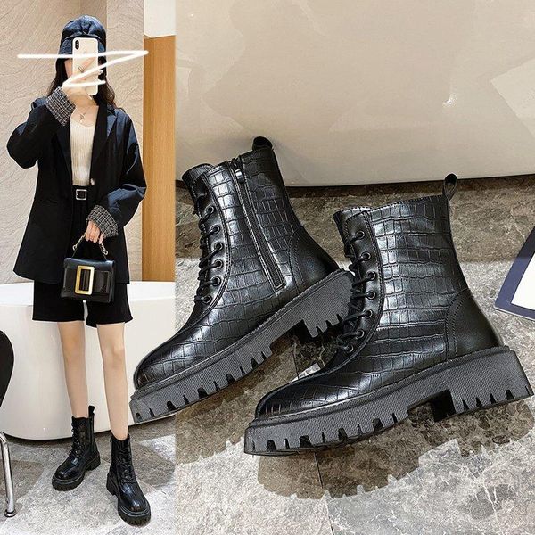 

boots winter thick bottom high heels ankle for women shoes woman leather round toe lace up botas mujer plus size, Black