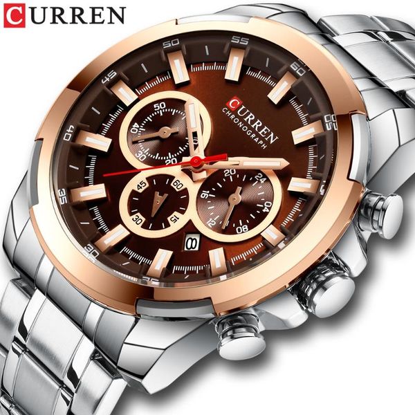

wristwatches curren men mens watches sports stainless steel waterproof chronograph quartz wrist watch relogio masculino, Slivery;brown