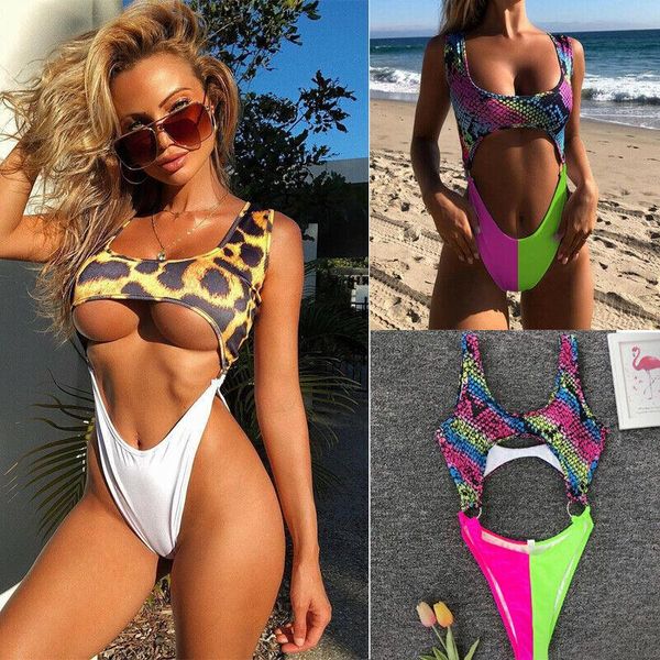 

est women snake print leopard patchwork one-piece swimwear bikini thong swimsuit set monokini suits