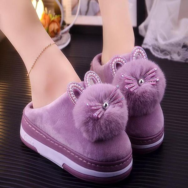 

flat slippers indoor furry warm women shoes 2021 winter fashion cartoon rhinestone d667, Black