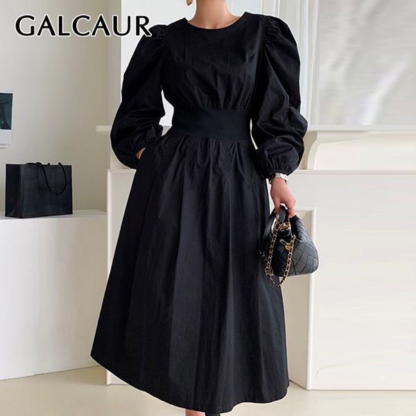 

galcaur autumn dress for women o neck puff long sleeve high waist tunic ruched elegant dresses female 2021 fashion clothes tide, Black;gray