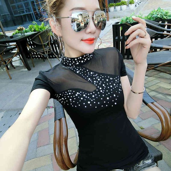 

women's t-shirt patchwork transparent mesh diamonds tshirt turtleneck 2021 summer short sleeve back all match tees t9413, White